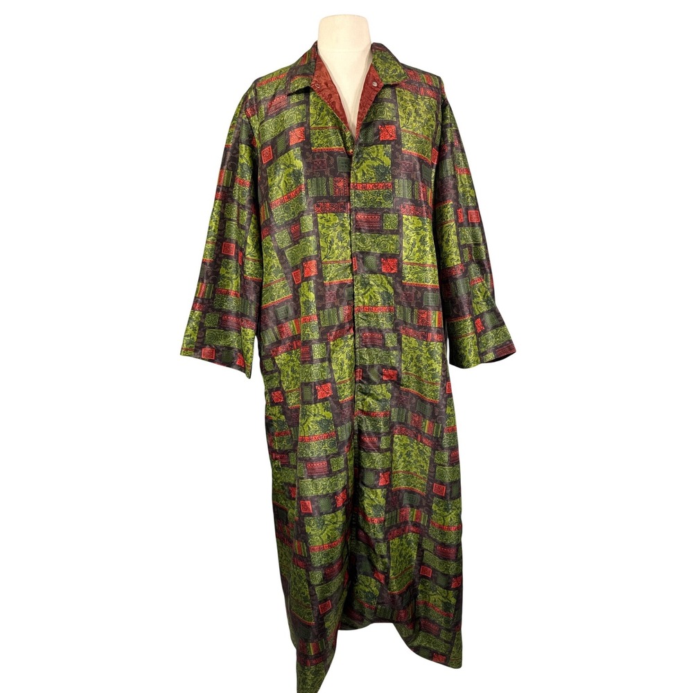 Vintage Robell Fashions of California Green Red Geometric Duster Robe Rain Coat